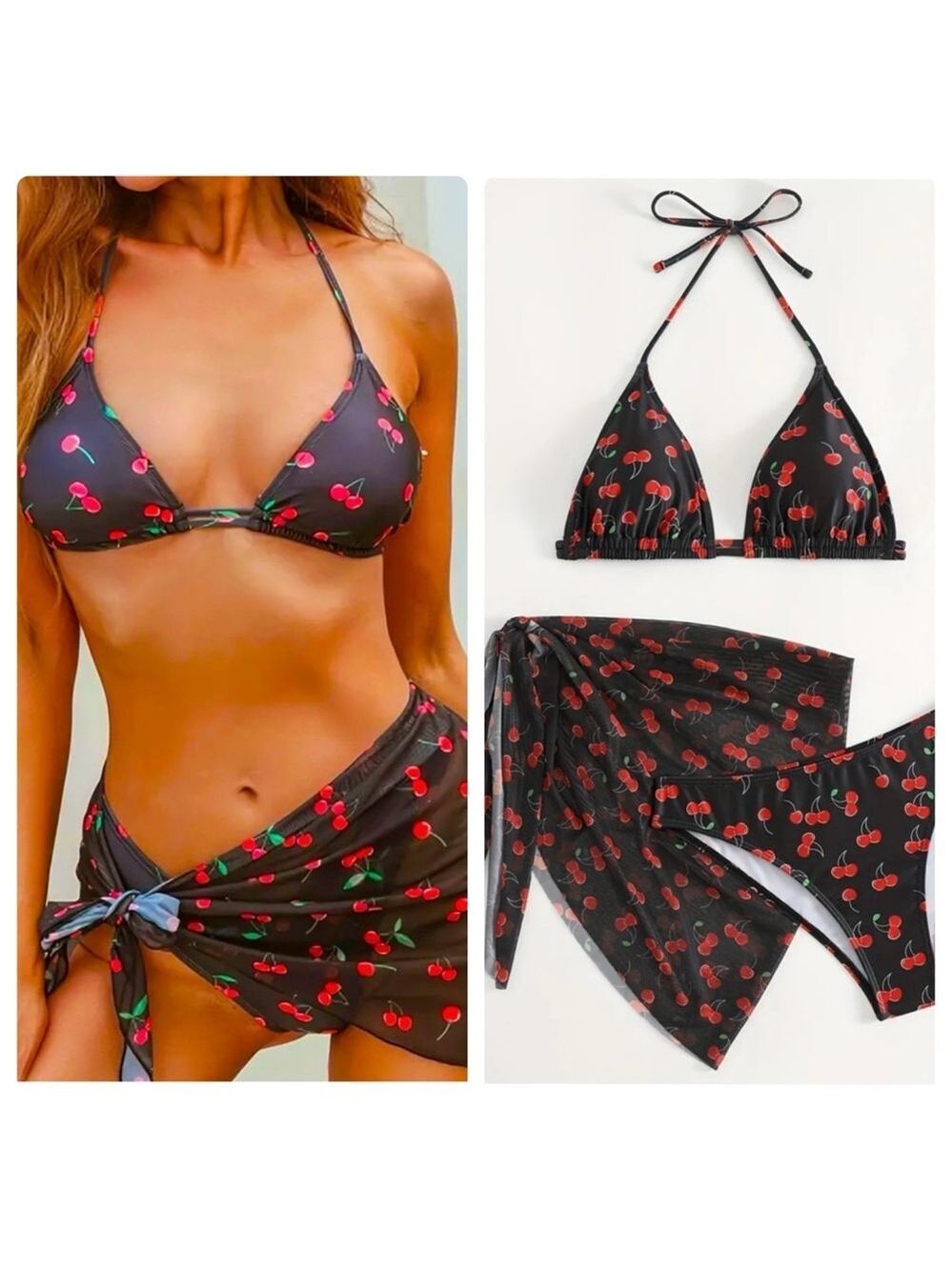 3pc Cherry Print Halter High Cut Bikini Set with Cover Up